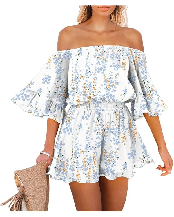 Fixmatti Women Boho Summer Romper Casual Floral Print Off Shoulder Strapless Shorts Jumpsuits | Amazon (US)