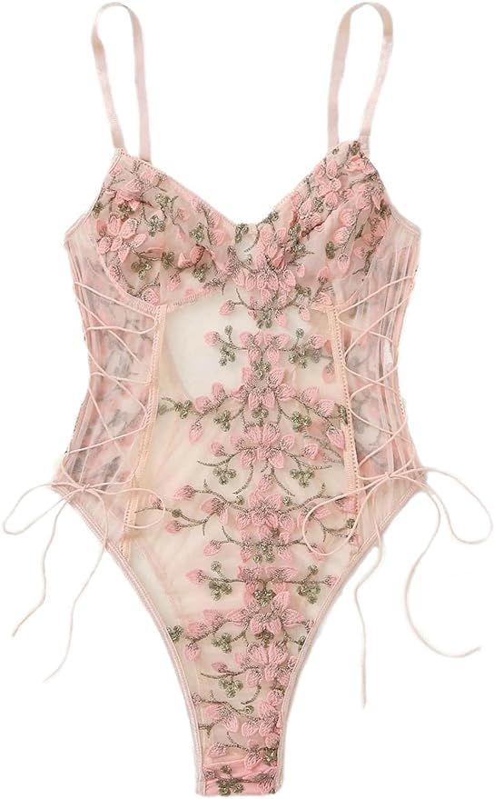 Lilosy Women Sexy Lace Up Floral Embroidered Teddy Lingerie Bodysuit Top Mesh Sheer One Piece | Amazon (US)
