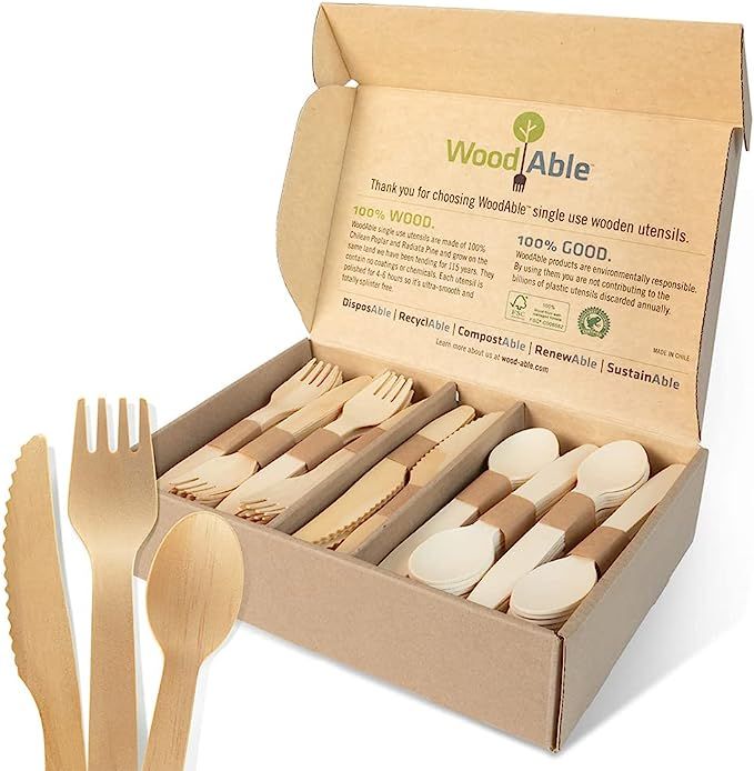 WOODABLE Disposable & Backyard Compostable Wooden Cutlery Mix, Eco-Friendly, Sustainable, Organic... | Amazon (US)