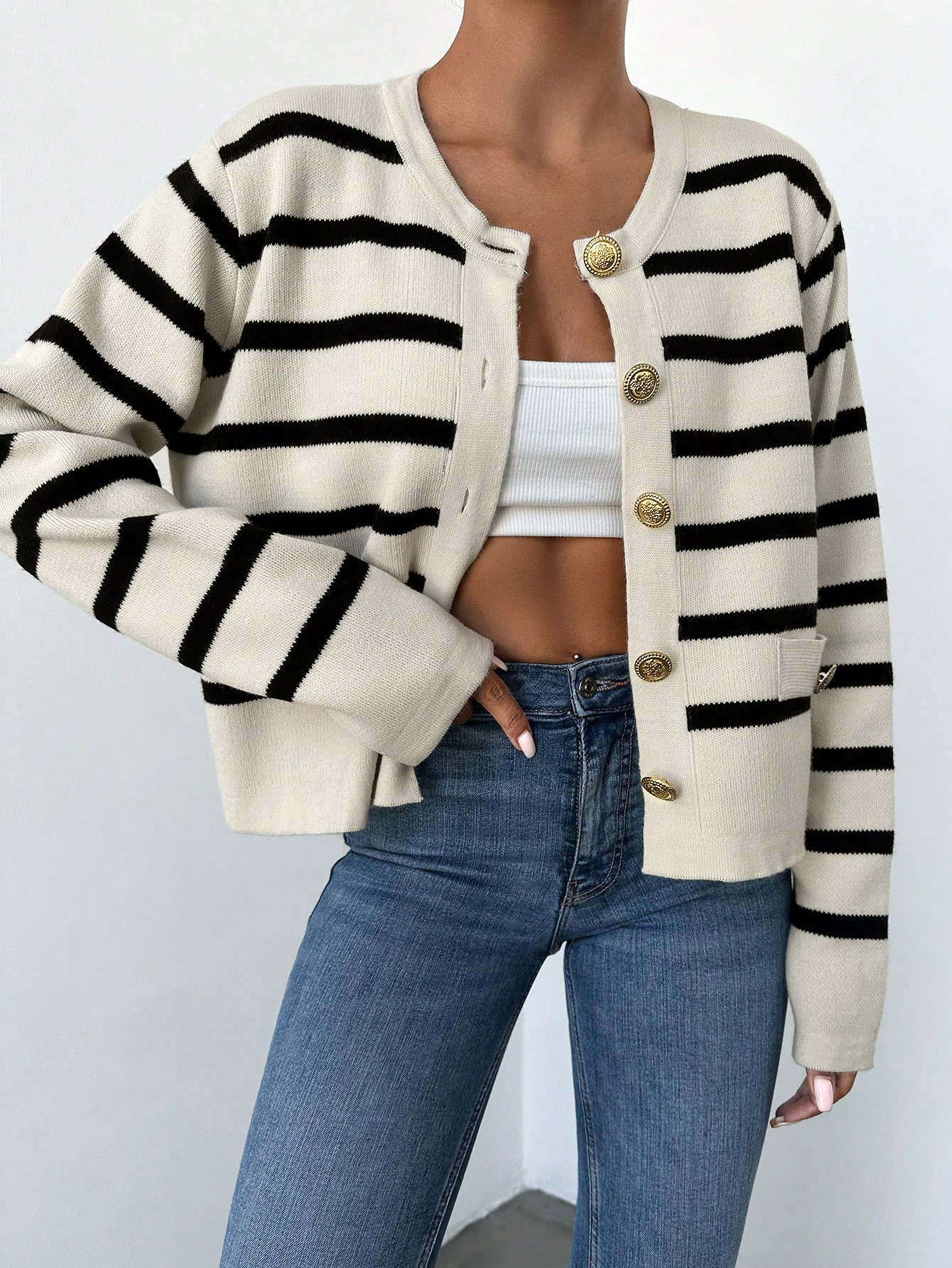 SHEIN Frenchy Cárdigan con patrón de rayas con botón delantero | SHEIN