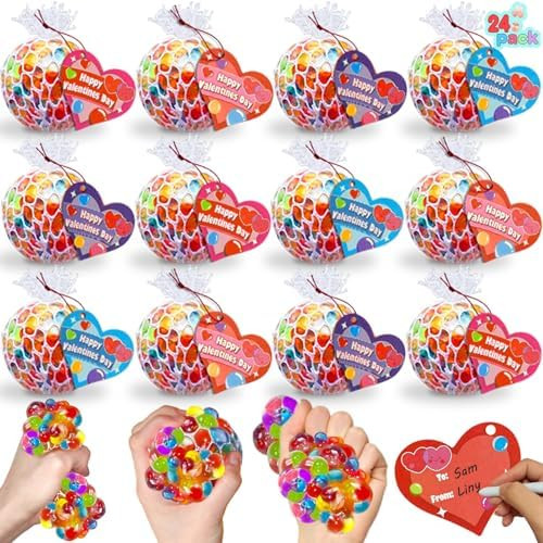 24 Pack Valentines Day Gifts for Kids, Fidget Stress Balls with Valentine Cards Heart Stress Reli... | Amazon (US)