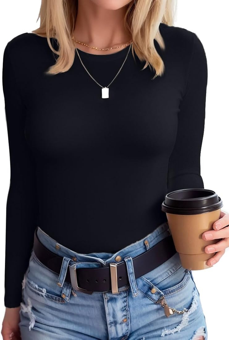 SANDERY Womens Round Neck Long/Short Sleeve Shirts Ribbed Casual Slim Fitted Tops Blouses | Amazon (US)