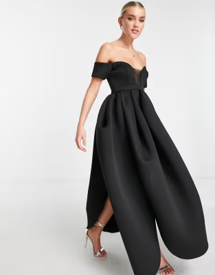 ASOS DESIGN off shoulder mesh insert cocoon maxi prom dress in black | ASOS | ASOS (Global)