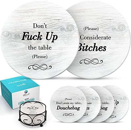 Funny Coasters for Drinks with Holder - Absorbent Drink Coasters Set 6 Pcs - 3 Sayings - Housewarmin | Amazon (US)