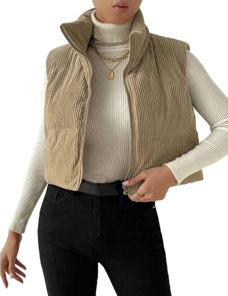 Gihuo Women's Corduroy Puffer Vest Cropped Stand Collar Zip Up Vest Quilted Sleeveless Jackets Gi... | Amazon (CA)
