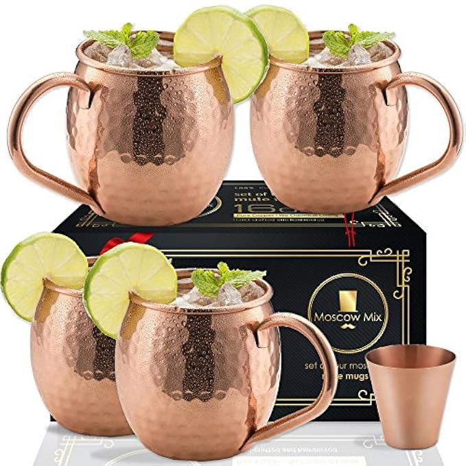 Moscow Mule Copper Mugs Set of 4 - Solid Copper Handcrafted Copper Mugs for Moscow Mule Cocktail - 1 | Amazon (US)