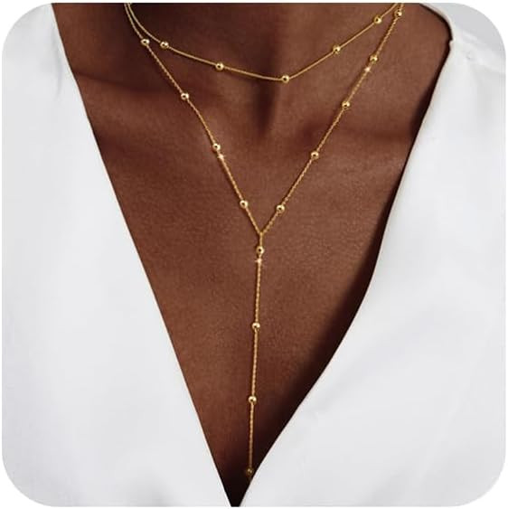 LULII Gold Necklace for Women Trendy Lariat Y Necklace Dainty 14k Gold Plated/Silver Long Necklaces for Women Layered Beaded Drop Necklaces Simple Y-Shaped Chain Jewelry Gifts | Amazon (US)