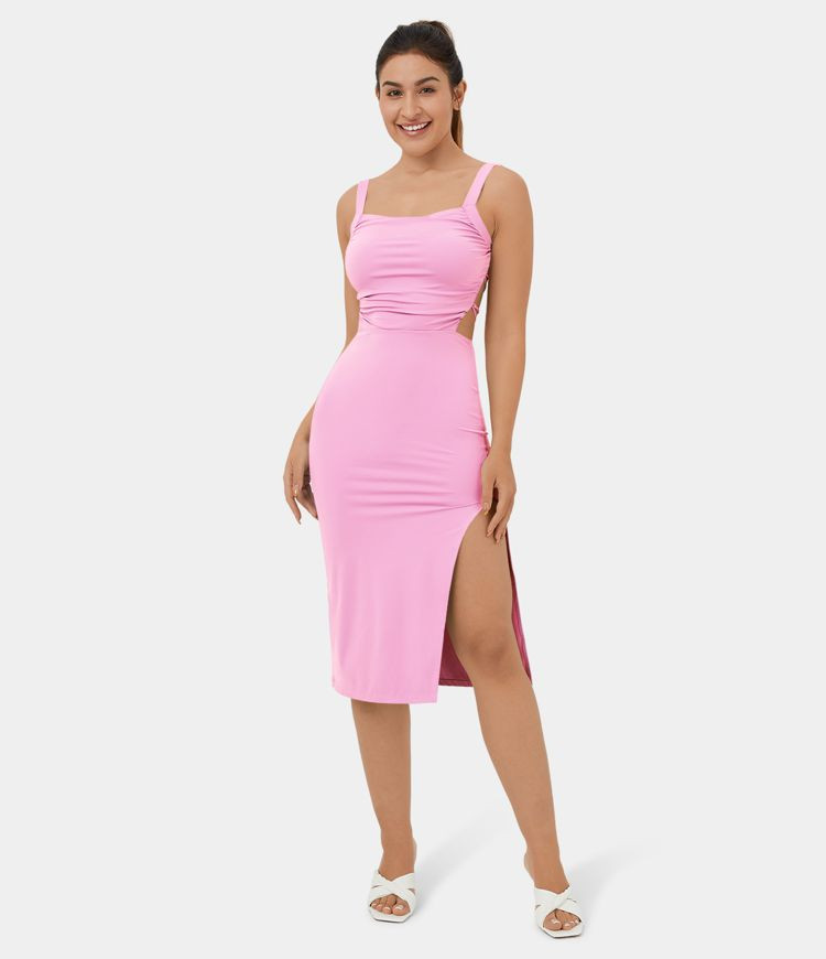 Women’s Ruched Backless Crisscross Lace Up Split Bodycon Midi Casual Dress - Halara | HALARA