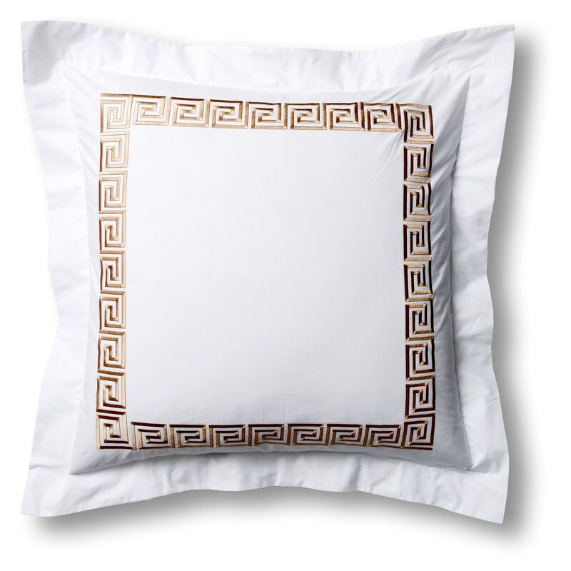 Greek Key Euro Sham, White/Tan | One Kings Lane