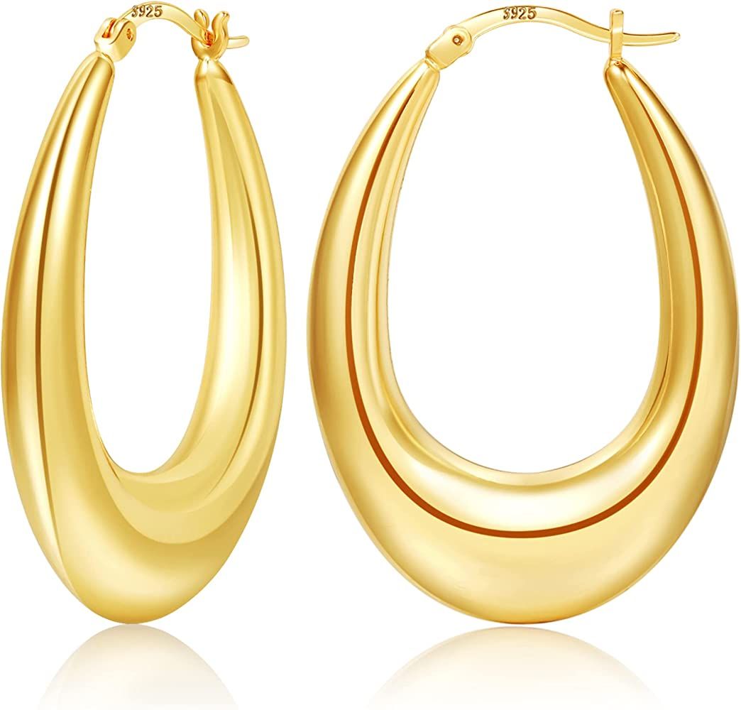 PABBEU Chunky Gold Hoop Earrings for Women 14k Gold Plated Oval Hoop Earrings Lightweight Gold Th... | Amazon (US)