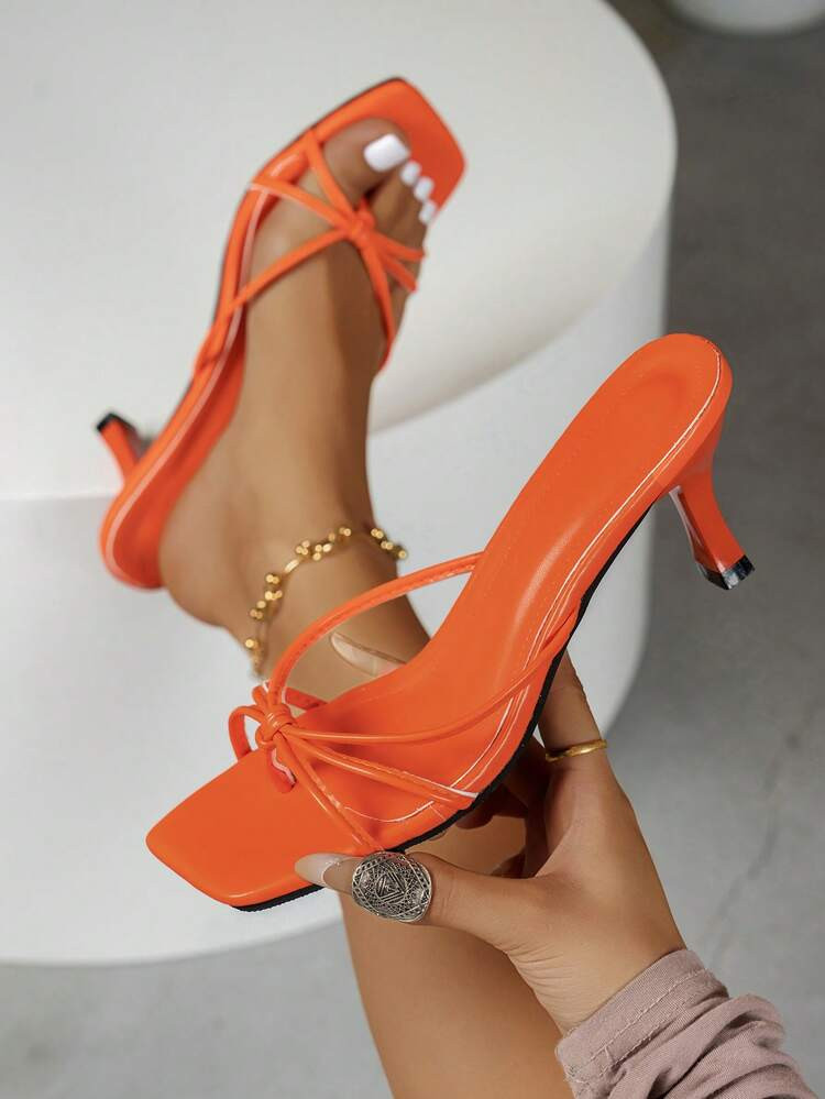 Orange Strappy Criss-Cross Design Square Toe Stiletto Heel Slip-On, Flip Flops, Kitten Heel, Spring Summer Outfits, Fashionable High Heel Mules | SHEIN