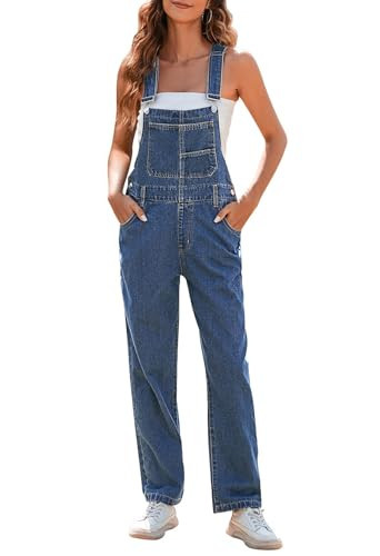 Pink Queen Women's Denim Long Jumpsuit Baggy Overalls Loose Fit Bib Adjustable Wide Straps Wide Leg Jean Jumpsuits High Waist Cotton Romper Pants Dark Blue M | Amazon (US)