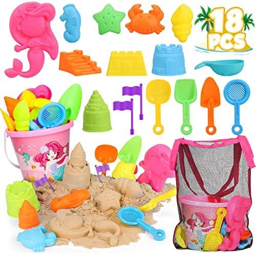 TOY Life Beach Sand Toys for Kids,18 PCS Mermaid Sand Toys for Kids, Sandbox Toys with Beach Bucket, | Amazon (US)