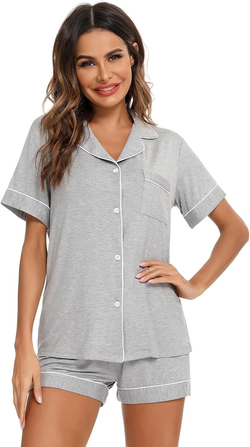 Aamikast Button Up Pajama Set for Women Shorts Short Sleeve Knit Sleepwear 2 Pice Pjs Sets | Amazon (US)