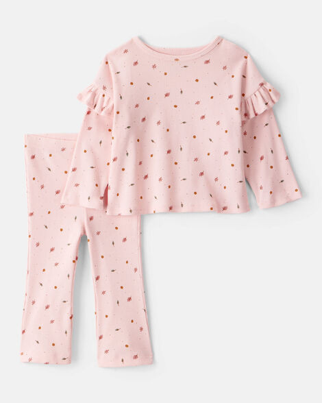 Baby Girl 2-Piece Leaf Print Cotton Long-Sleeve Tee & Pant Set - Pink | Carter's Inc