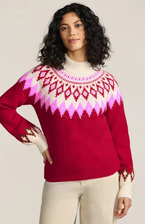 Lands' End Fuzzy Turtleneck Lantern Sleeve Jacquard Sweater in Rich Red Fairisle at Nordstrom, Size Large | Nordstrom