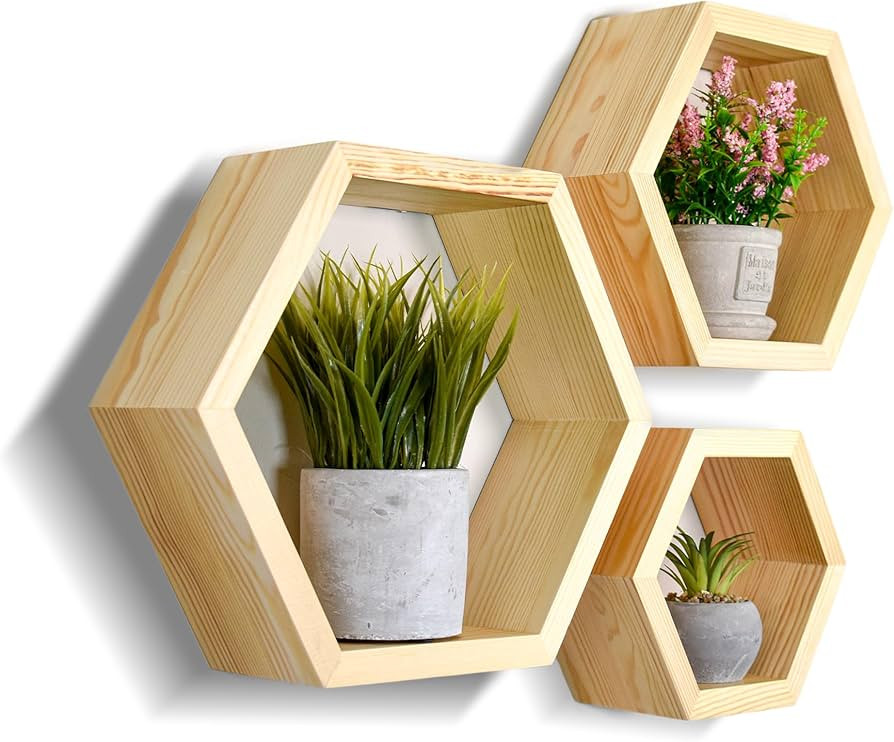 Set of 3 Natural Pine Wood Hexagon Shelves for Wall Decor - Farmhouse Honeycomb Shelves for Livin... | Amazon (US)