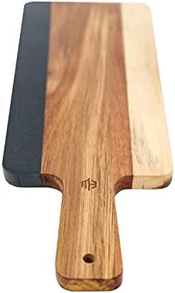 Acacia Wood and Natural Black Slate Cheese Board with Handle, Charcuterie Platter for Wine, Chees... | Amazon (US)