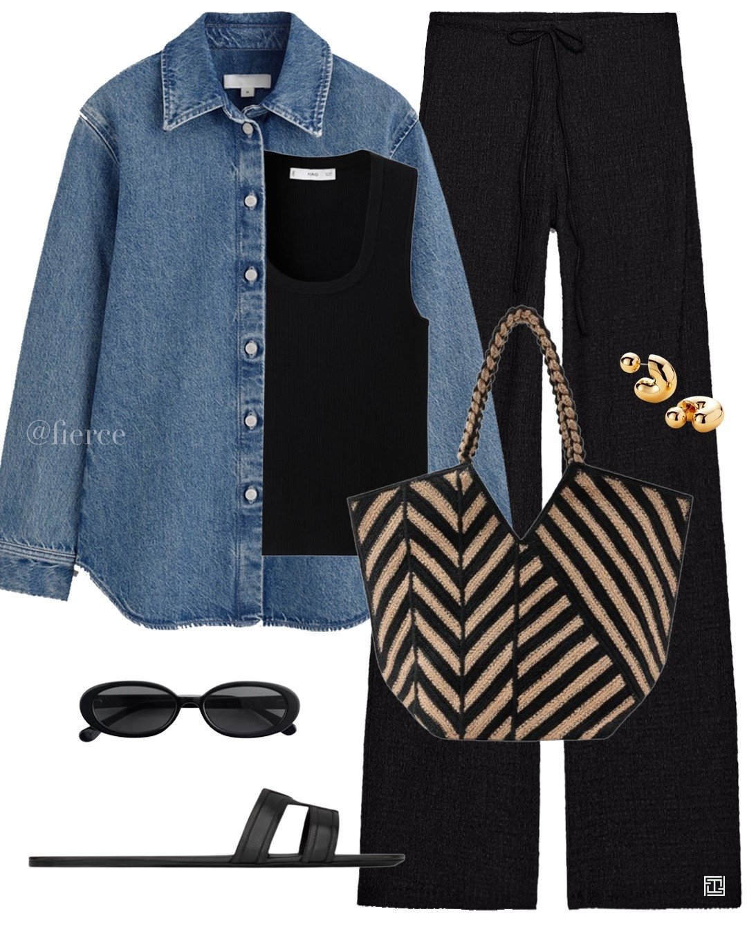 Black textured trousers denim shirt striped tote bag Ysl flat black sandals

#LTKuk #LTKsummer #LTKeurope