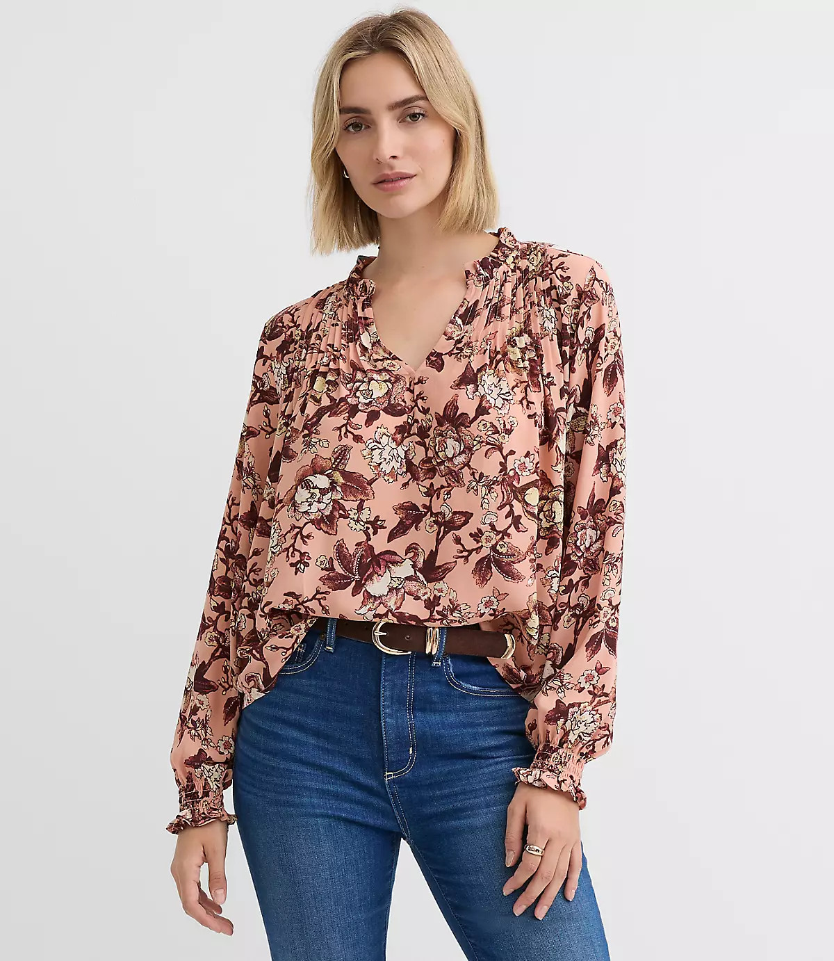 Floral Pintucked Ruffle Mixed Media Blouse | LOFT