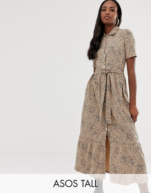 ASOS DESIGN Tall midi shirt dress with belt in leopard | ASOS US