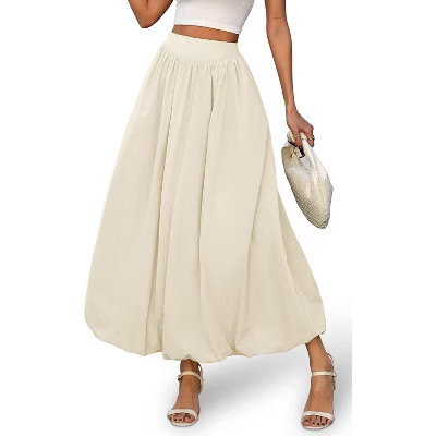 Women's Y2K Bubble Hem Maxi Skirt - Puffy A-Line Long Skirt with Pockets & Elastic Waist Cream Apricot Cream Apricot X-Large | Target