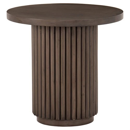 Farvald Mid Century Modern Dark Brown Reclaimed Wood Round End Table | Kathy Kuo Home