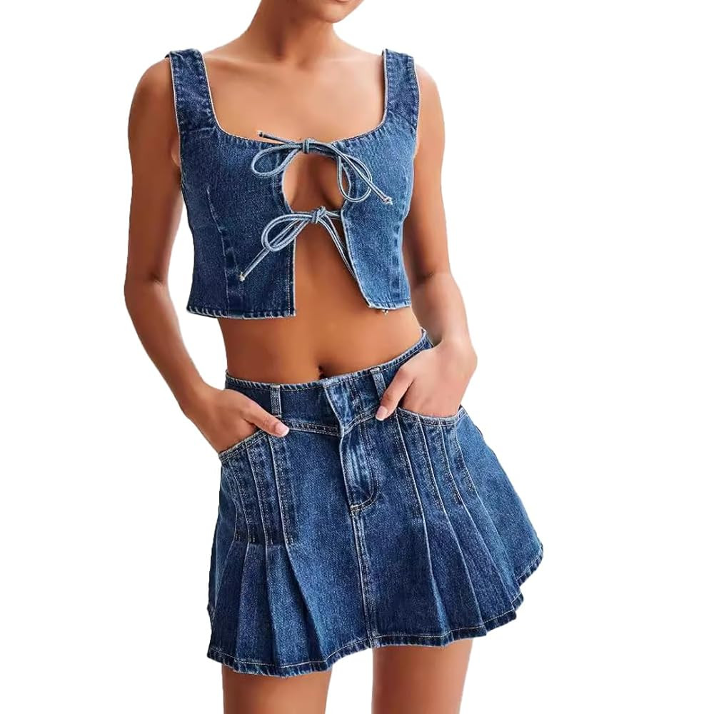 Denim Two Piece Outfits for Women Denim Skirt Set Sleeveless Tie Front Denim Tank Top and Jean Mi... | Amazon (US)