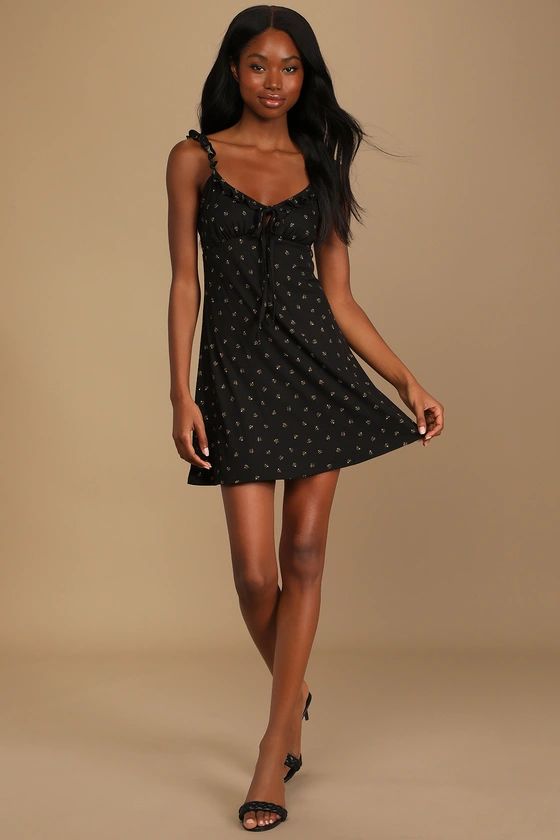 Fresh Start Black Floral Print Ribbed Ruffled Mini Dress | Lulus (US)