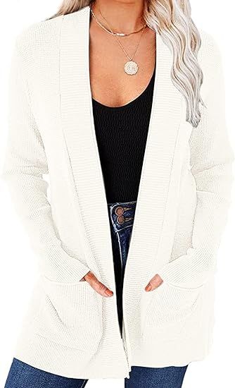 MEROKEETY Women's Open Front Waffle Knit Cardigan Long Sleeve Cozy Knit Sweaters with Pockets | Amazon (US)