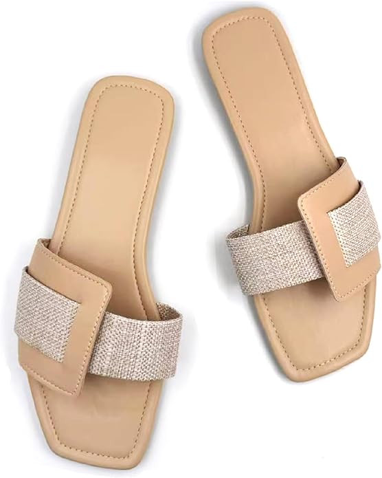 BLYVORA Women's Canvas One Word Flat Slides Sandals Fashion Non-Slip Square Toe Slip On Leather W... | Amazon (US)