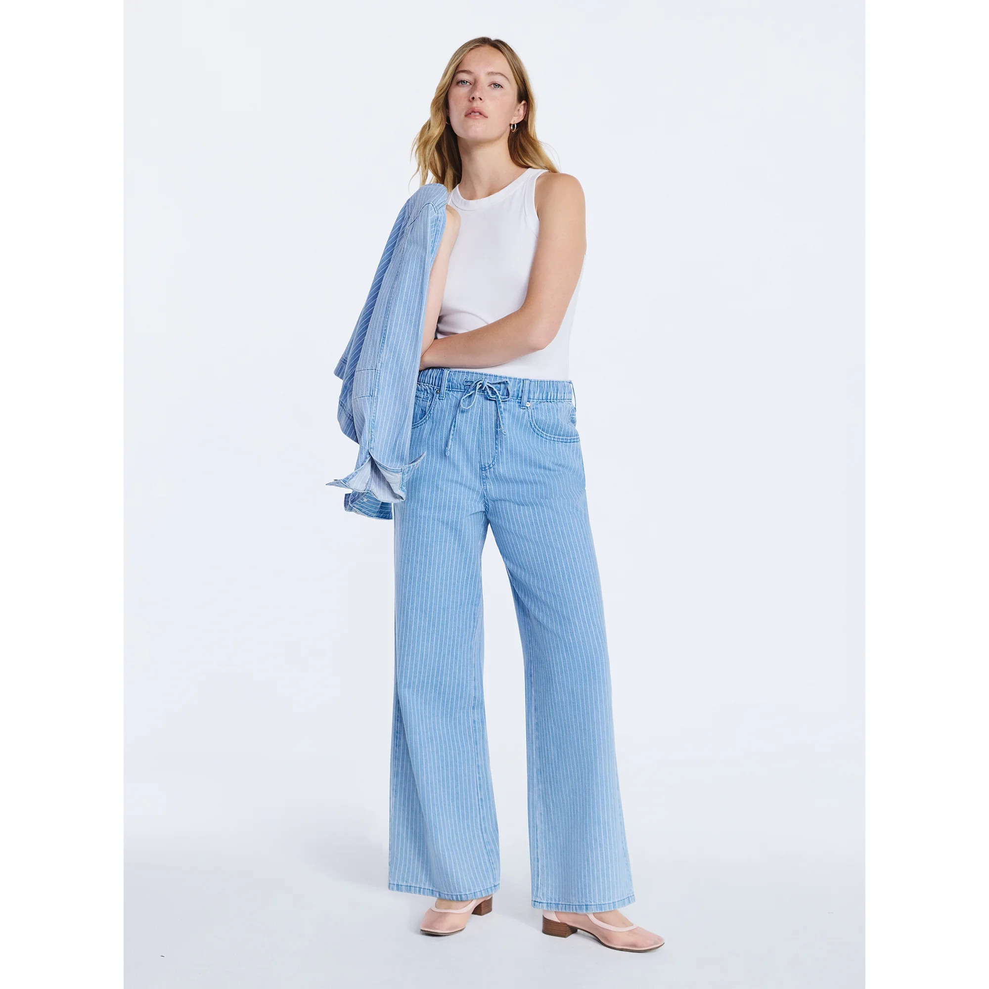 Free Assembly Women's and Women's Plus Striped Wide Leg Relaxed Jeans with Elastic Waist, Sizes X... | Walmart (US)