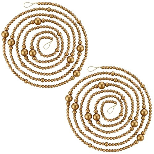 2PCS Christmas Wood Beads Garland 24 Feet Wooden Bead Garland Boho Ornaments for Christmas Tree, Xmas Vintage Rustic Farmhouse Round Craft Bead Hanging Holiday Decorations(Gold) | Amazon (US)