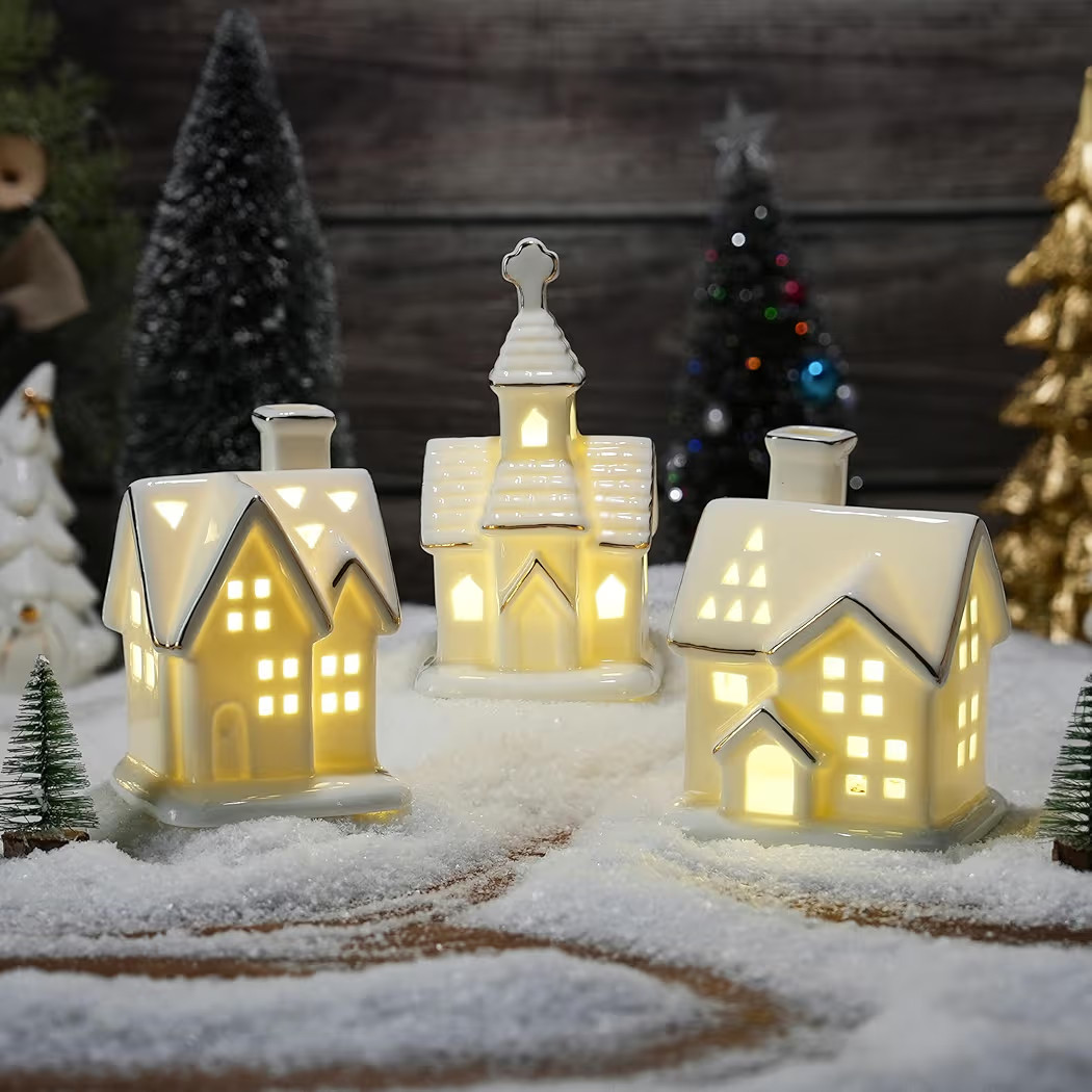 White Christmas Village Houses, 3Pcs Glazed Ceramic Houses with 3Pcs Christmas Trees, Small Light... | Amazon (US)