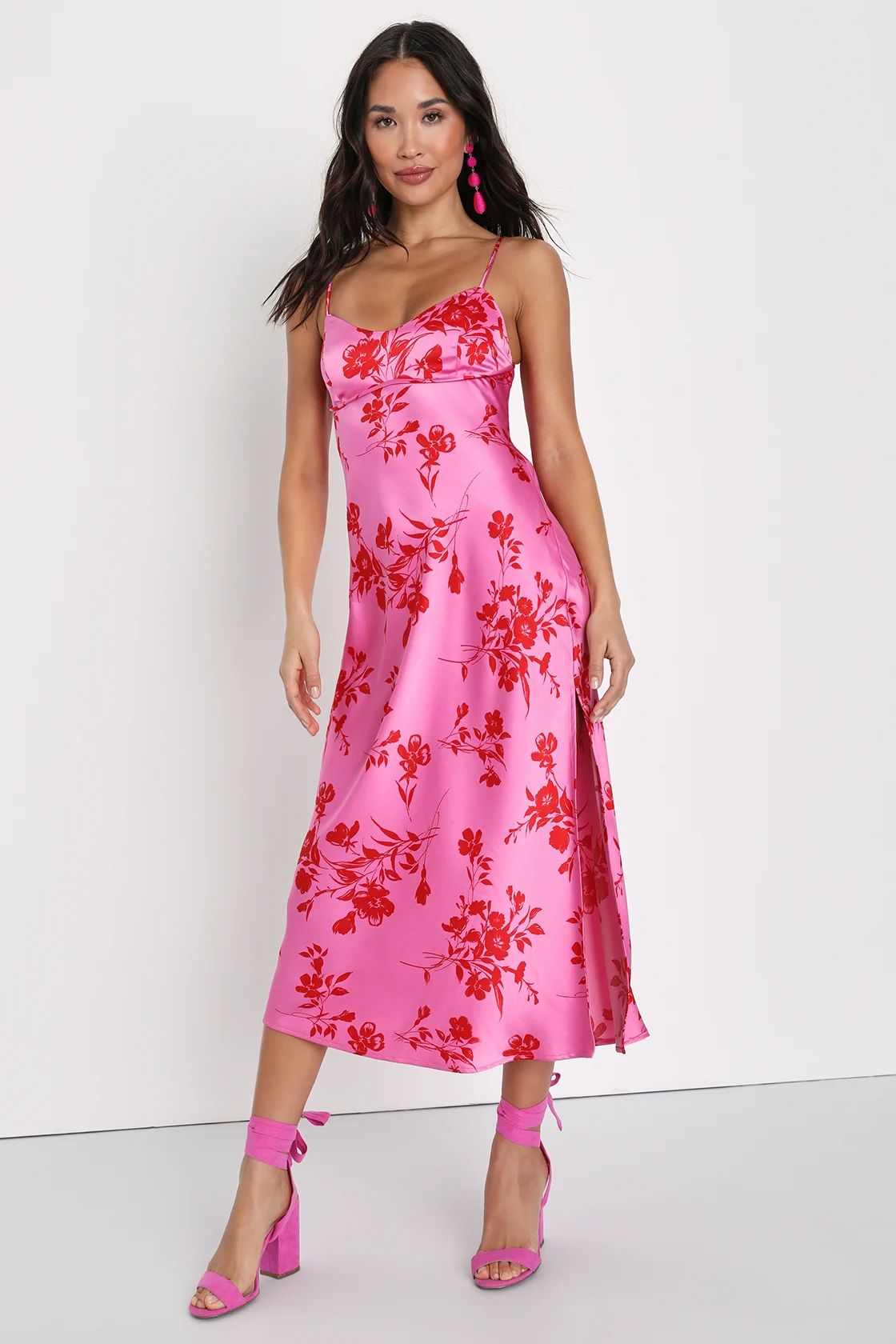 Glamorous Efforts Hot Pink Floral Print Tie-Back Midi Dress | Lulus