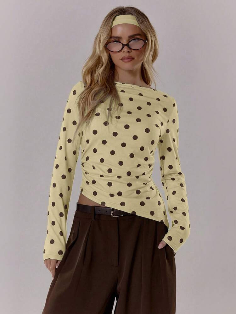 MUSERA Polka Dot Contrast Colour Crewneck Long Sleeve Top Cute Going Out Daily Office School Spring Summer Spring Outfit Casual | SHEIN