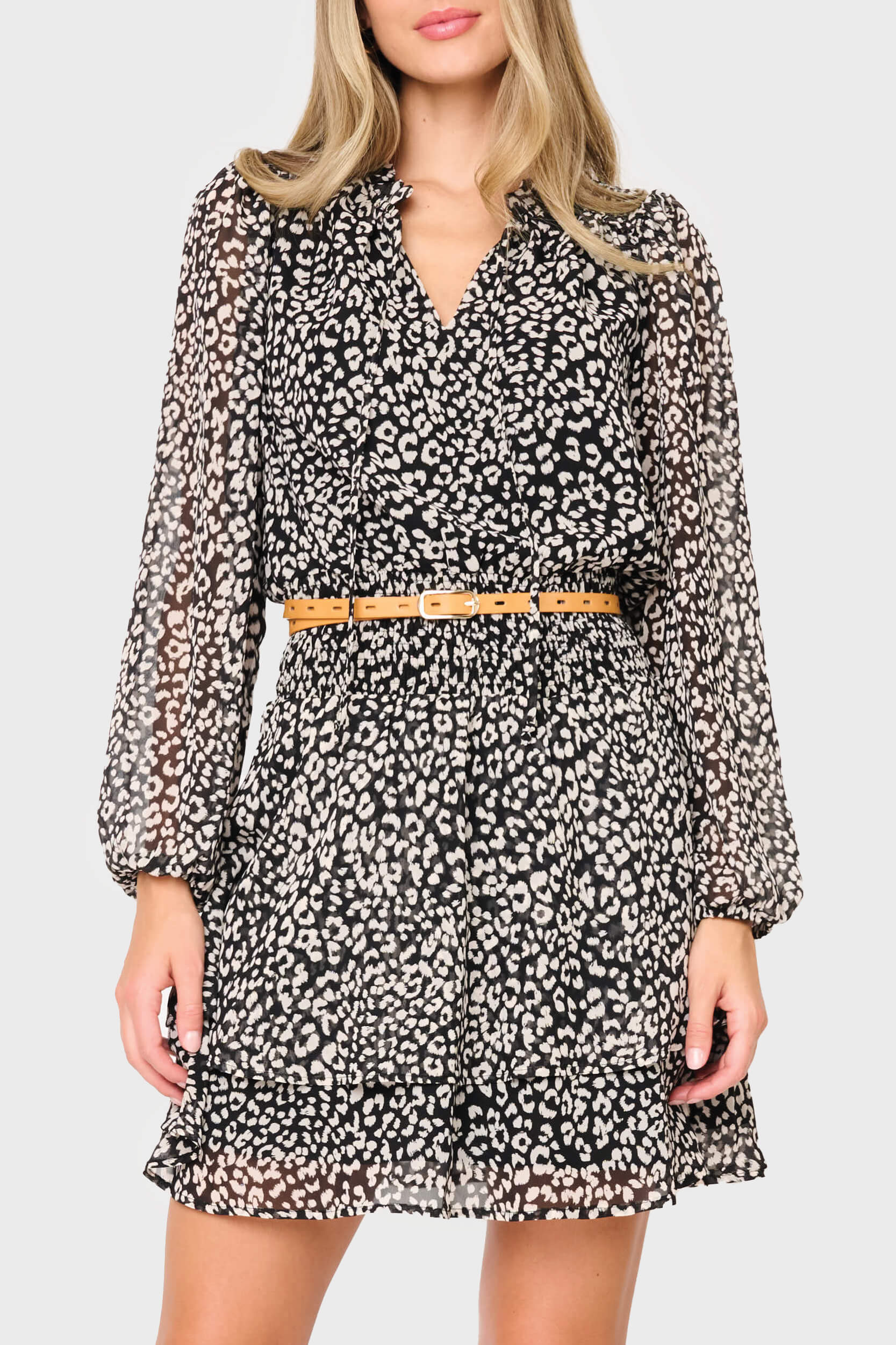 Isla Smocked Day Dress | Black Dune Cheetah Print | Gibson