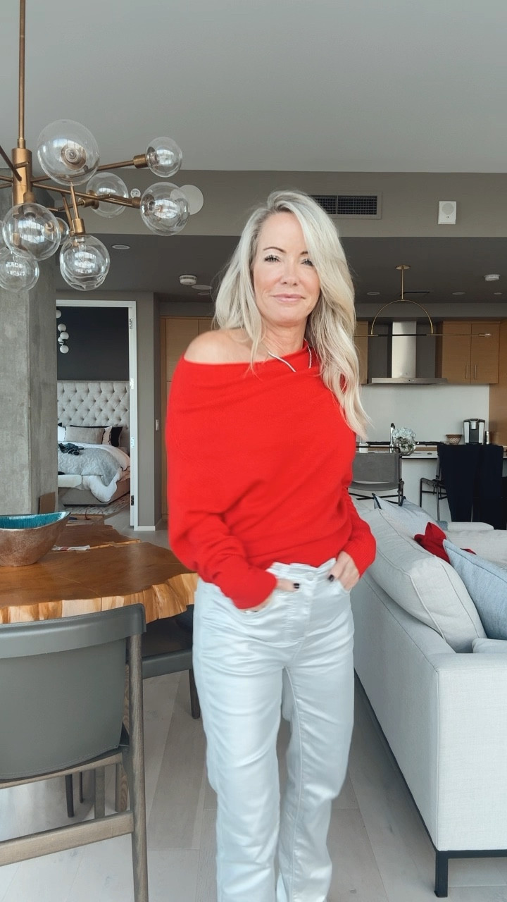 Metallic denim and a pop of red for a holiday outfit

#LTKstyletip #LTKover40 #LTKHoliday