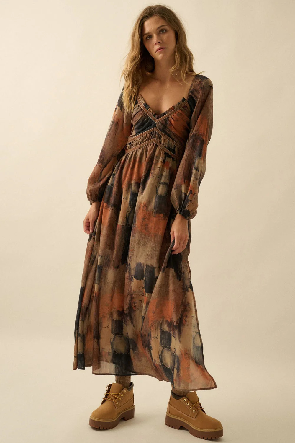 Multicolor Abstract Print Velvet Trim Maxi Dress | PinkBlush Maternity