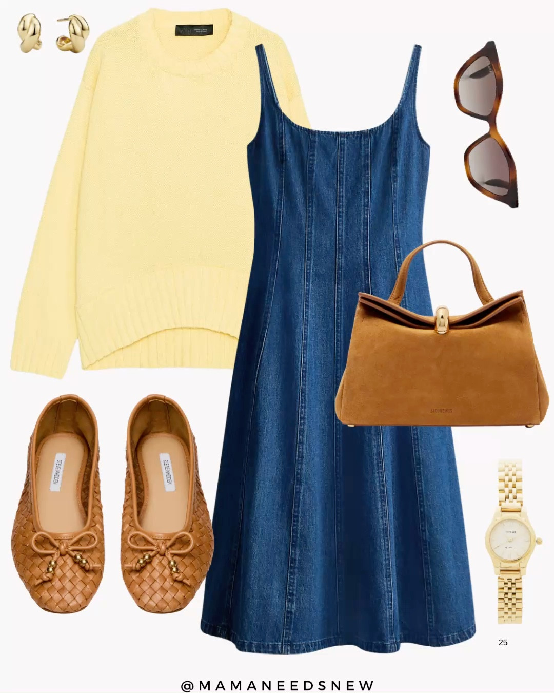 A spring outfit with a denim dress, sweater to throw over shoulders, woven flats, suede bag 💛

#LTKSaleAlert #LTKSeasonal #LTKSpringSale