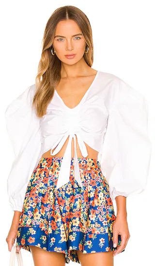 Laurel Balloon Sleeve Blouse in White | Revolve Clothing (Global)