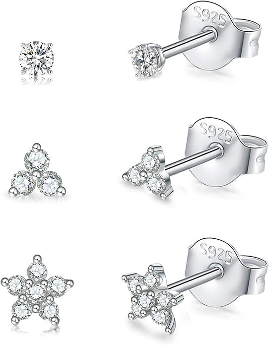 Sterling Silver Stud Earrings for Women, Tiny Flower Earrings Set, Small Cubic Zirconia Helix Ear... | Amazon (US)