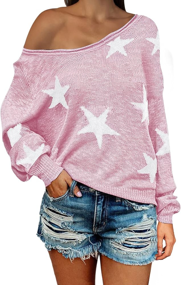 COCOLEGGINGS Women's Scoop Neck Long Sleeve Star Pullover Sweater Tunic Tops | Amazon (US)