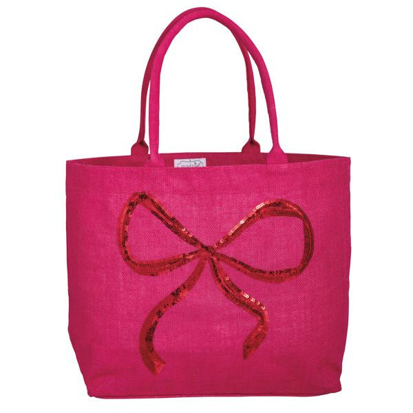 Mud Pie Bow Sparkle Tote in Bright Pink | 100% Polyester | Mud Pie
