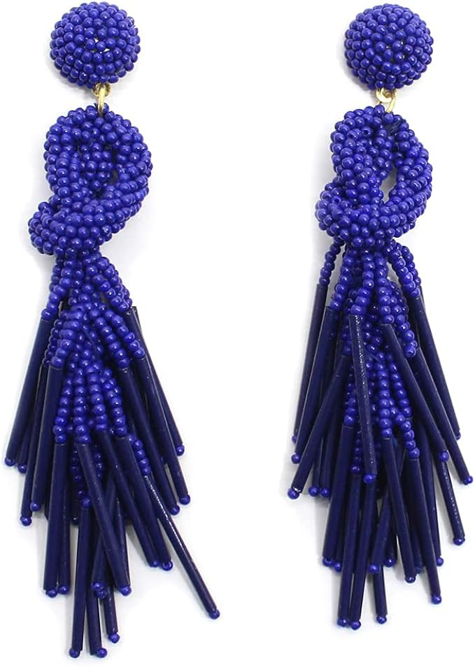 Handmade Beaded Solid Color Post Statement Earrings for Women Girl All Season 4 inch Long | Amazon (US)