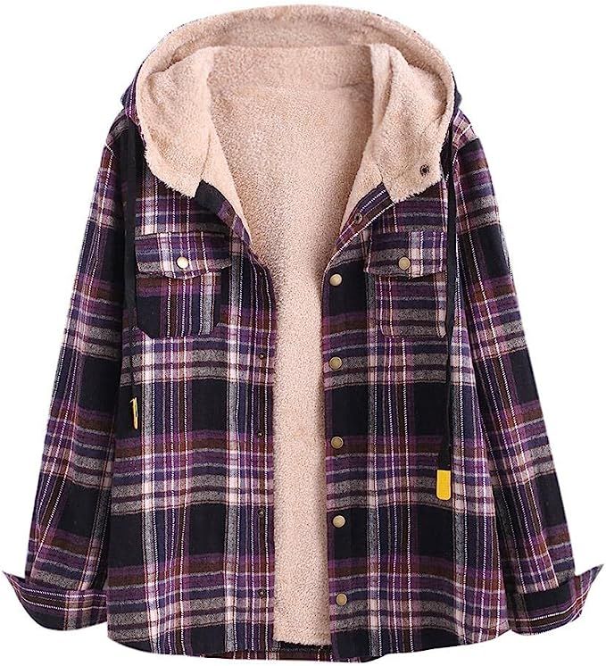 ZAFUL Women's Plaid Fleece Lined Hooded Jacket Button Up Oversized Fuzzy Coat Checkered Flannel H... | Amazon (US)