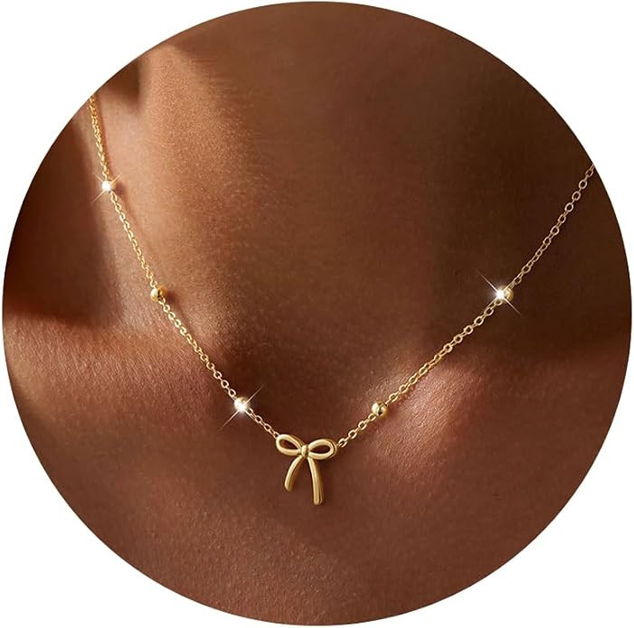 Yoosteel Bow Necklaces for Kids Teens Girls Women,Dainty Choker Necklace | 14K-Gold-Plated,Tiny B... | Amazon (US)