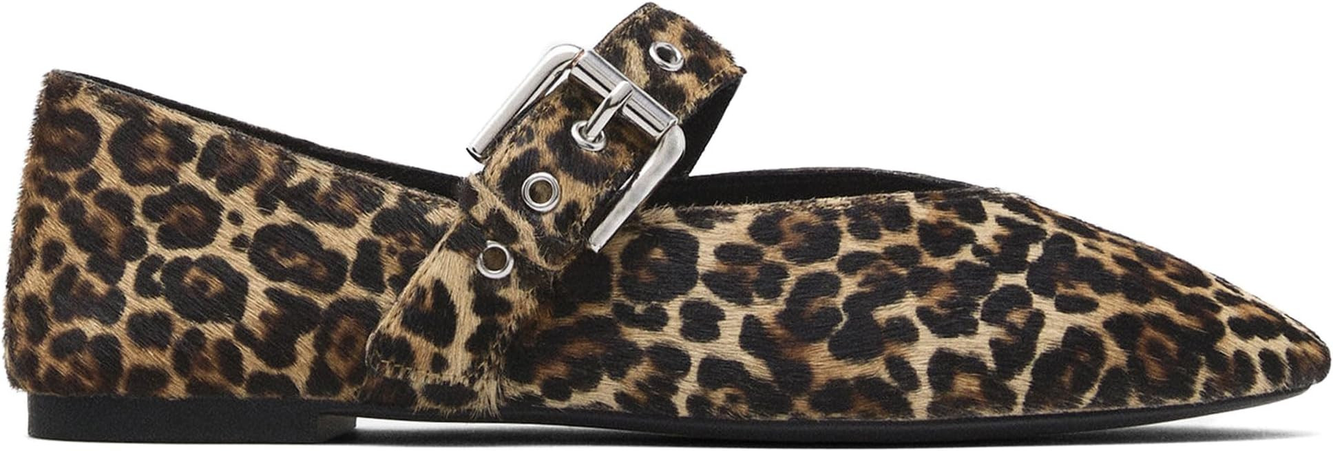 Leopard Print Ballet Flats for Women Velvet Square Toe Mary Jane Flats Silver Buckle Comfortable ... | Amazon (US)