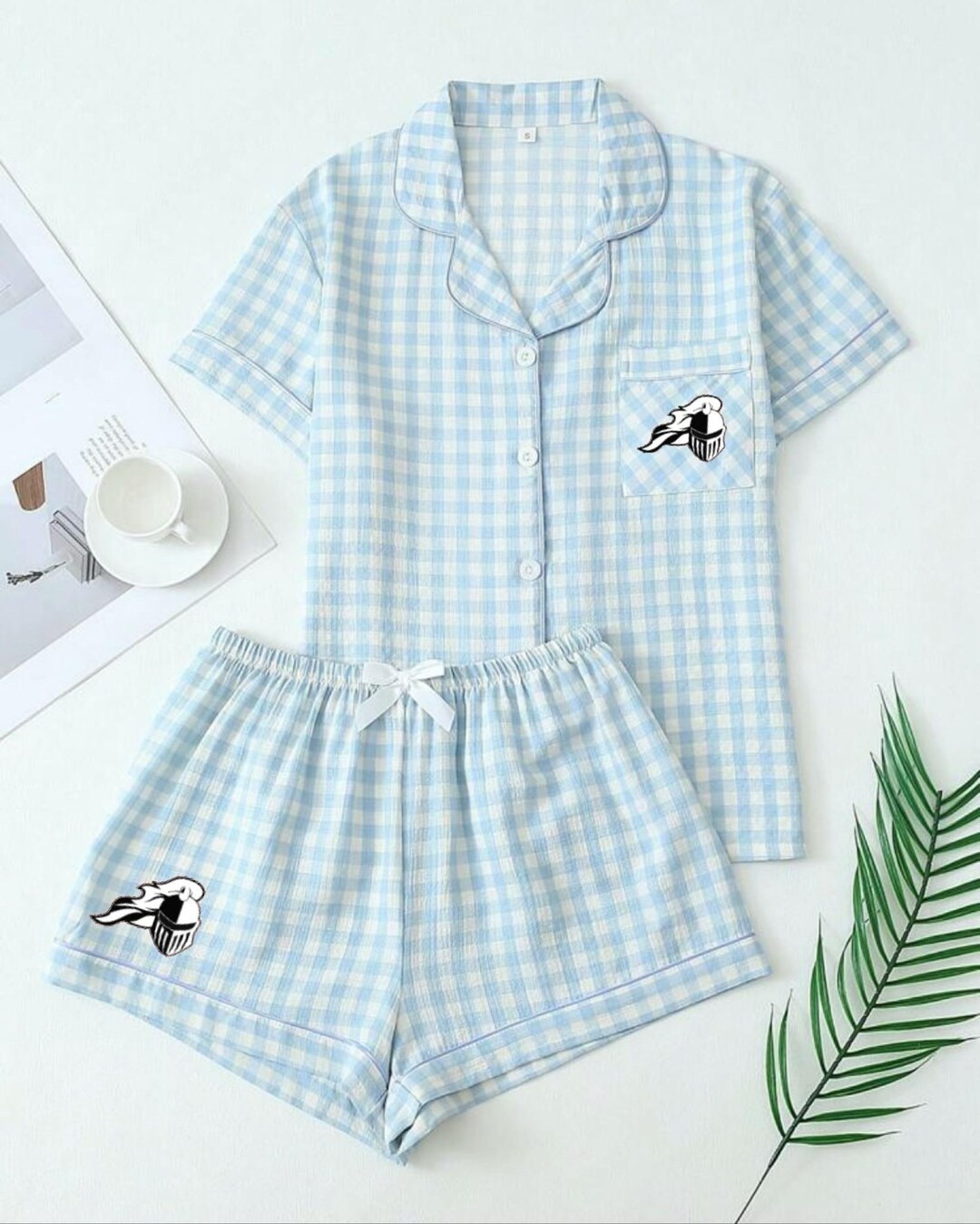 Custom College Apparel Gingham Plaid Button Up T shirt and Shorts PJ Set, Company Text, Team, Gam... | Etsy (US)