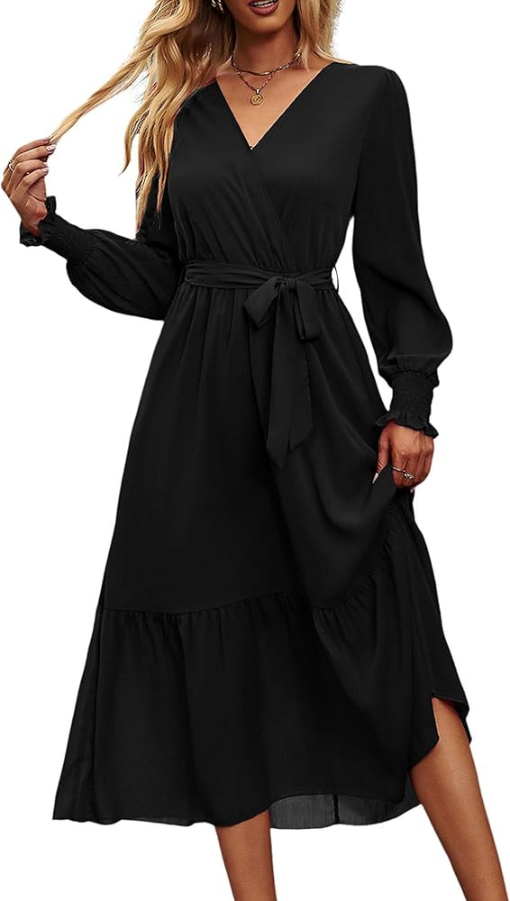 PRETTYGARDEN Women's Floral Print Boho Dress Long Sleeve Wrap V Neck Ruffle Belted A-Line Flowy M... | Amazon (US)